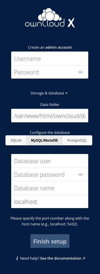 The database details section for the ownCloud installation