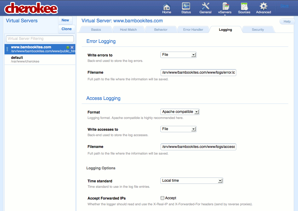 Specifying logging settings on the &ldquo;Logging&rdquo; tab of the vServers page of the Cherokee admin panel on Fedora 13.